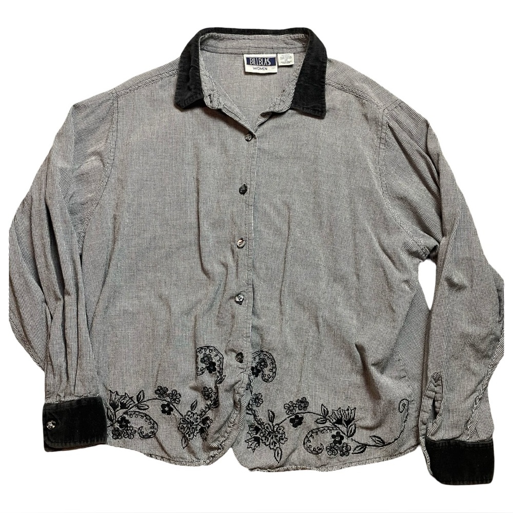 80s / 90s Button Up Floral Embroidered Checkered Blouse Size 2X